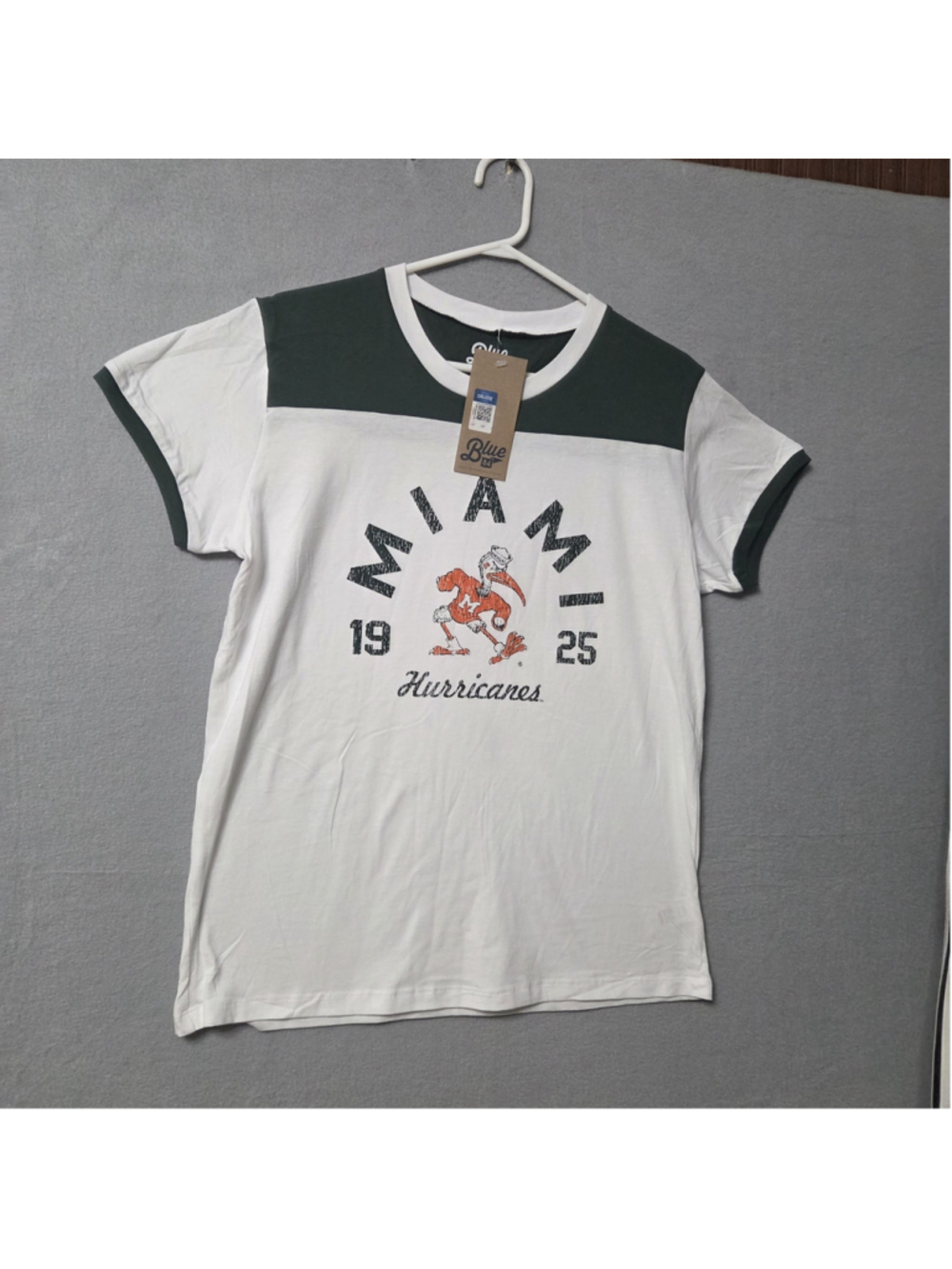 Women's Blue 84 Miami Hurricanes Graphic Tee, Size Large, White and Green